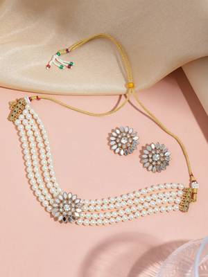 4-layer pearl choker set with kundan floral stone work & stud earrings  traditional adjustable ethnic necklace set 2