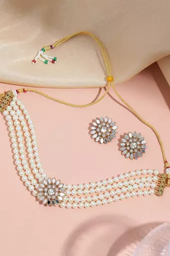 4-layer pearl choker set with kundan floral stone work & stud earrings  traditional adjustable ethnic necklace set