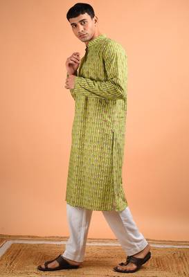 Green cotton full sleeves kurta for mens 2
