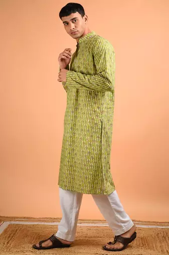 Green cotton full sleeves kurta for mens