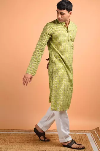 Green cotton full sleeves kurta for mens