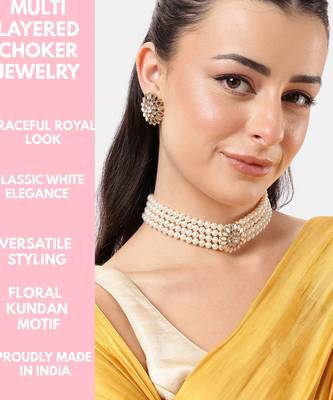 4-layer pearl choker set with kundan floral stone work & stud earrings  traditional adjustable ethnic necklace set 3