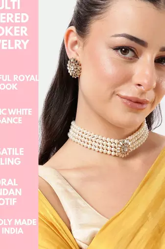 4-layer pearl choker set with kundan floral stone work & stud earrings  traditional adjustable ethnic necklace set