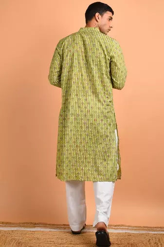 Green cotton full sleeves kurta for mens