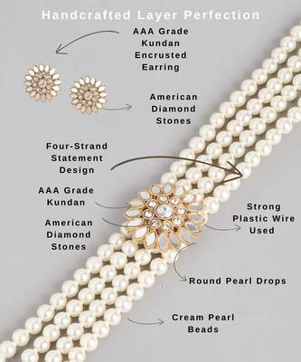 4-layer pearl choker set with kundan floral stone work & stud earrings  traditional adjustable ethnic necklace set 4