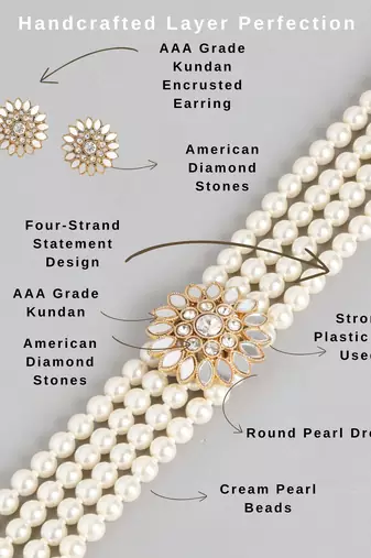 4-layer pearl choker set with kundan floral stone work & stud earrings  traditional adjustable ethnic necklace set