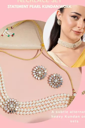 4-layer pearl choker set with kundan floral stone work & stud earrings  traditional adjustable ethnic necklace set