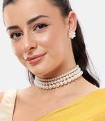 3-layer white pearl choker necklace set with floral stud earrings  wedding, ethnic & festive wear pearl choker set