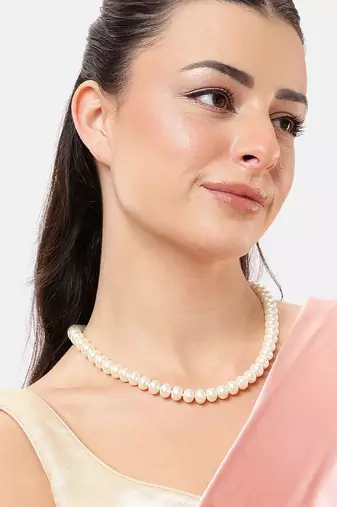 classic white pearl beaded necklace for women | elegant ethnic jewelry with golden clasp | handcrafted accessory