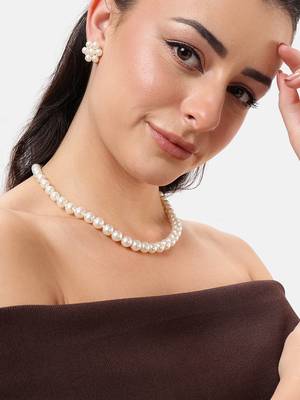 white pearl necklace set with floral stud earrings  festive, office & daily wear lightweight pearl jewelry set 1