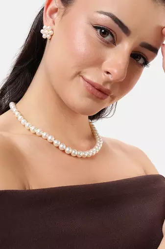 white pearl necklace set with floral stud earrings  festive, office & daily wear lightweight pearl jewelry set