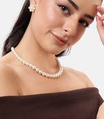 white pearl necklace set with floral stud earrings  festive, office & daily wear lightweight pearl jewelry set
