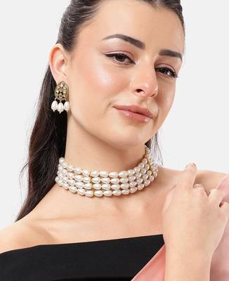 white pearl choker set with kundan earrings | traditional multi-layer bridal jewelry for women & girls 1