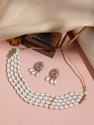 white pearl choker set with kundan earrings | traditional multi-layer bridal jewelry for women & girls 2