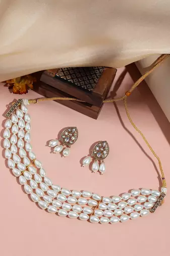 white pearl choker set with kundan earrings | traditional multi-layer bridal jewelry for women & girls