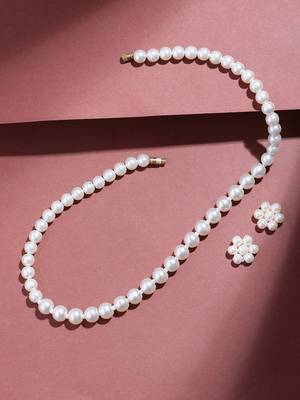 white pearl necklace set with floral stud earrings  festive, office & daily wear lightweight pearl jewelry set 2