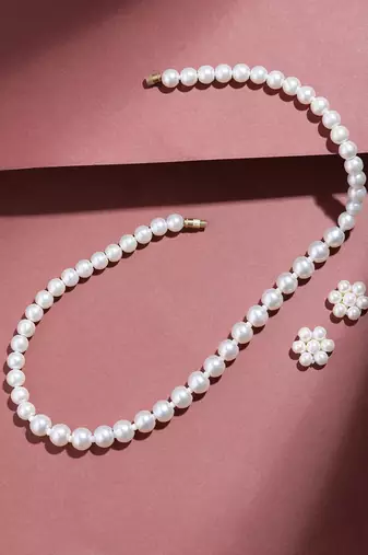 white pearl necklace set with floral stud earrings  festive, office & daily wear lightweight pearl jewelry set