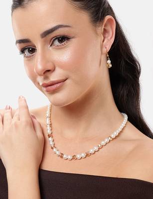 white pearl & golden crystal beads necklace set with drop earrings 1