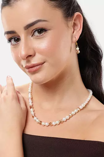 white pearl & golden crystal beads necklace set with drop earrings