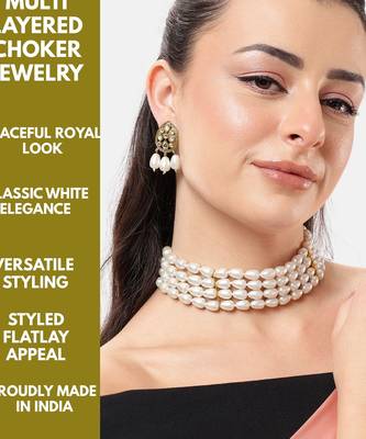 white pearl choker set with kundan earrings | traditional multi-layer bridal jewelry for women & girls 3