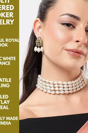 white pearl choker set with kundan earrings | traditional multi-layer bridal jewelry for women & girls