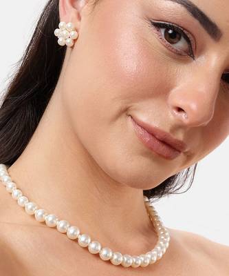 white pearl necklace set with floral stud earrings  festive, office & daily wear lightweight pearl jewelry set 3