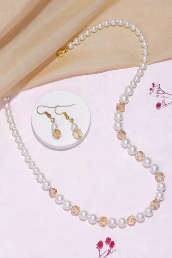 white pearl & golden crystal beads necklace set with drop earrings