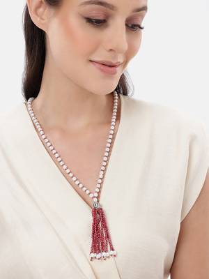 pearl & red beaded tassel necklace | handmade bead mala for women | elegant traditional-fusion design jewelry 1