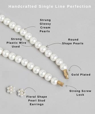 white pearl necklace set with floral stud earrings  festive, office & daily wear lightweight pearl jewelry set 4