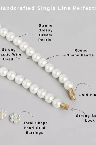 white pearl necklace set with floral stud earrings  festive, office & daily wear lightweight pearl jewelry set
