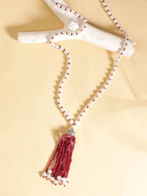 pearl & red beaded tassel necklace | handmade bead mala for women | elegant traditional-fusion design jewelry 2