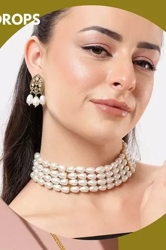 white pearl choker set with kundan earrings | traditional multi-layer bridal jewelry for women & girls