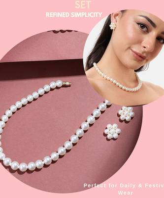 white pearl necklace set with floral stud earrings  festive, office & daily wear lightweight pearl jewelry set 5
