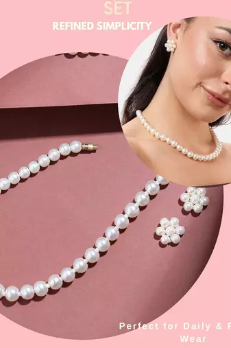 white pearl necklace set with floral stud earrings  festive, office & daily wear lightweight pearl jewelry set