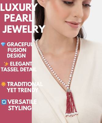 pearl & red beaded tassel necklace | handmade bead mala for women | elegant traditional-fusion design jewelry 3
