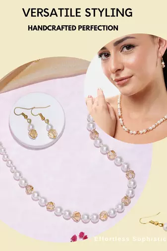 white pearl & golden crystal beads necklace set with drop earrings