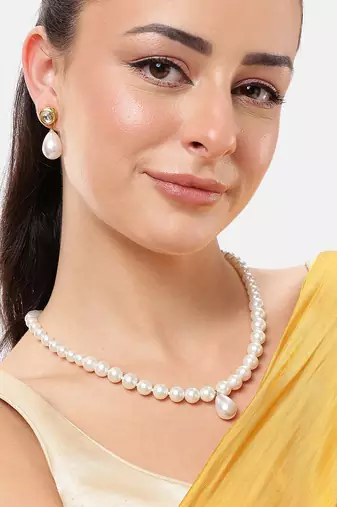 elegant pearl necklace set with kundan stud earrings wedding, festive & party wear jewelry set