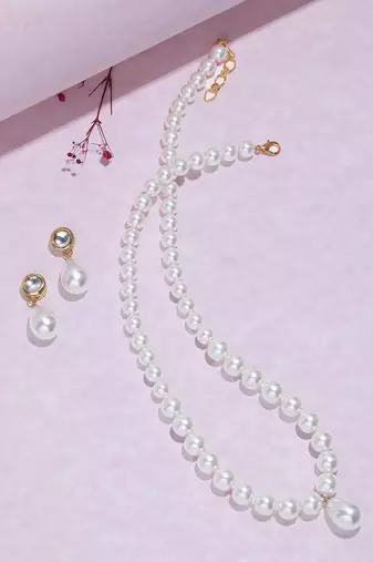 elegant pearl necklace set with kundan stud earrings wedding, festive & party wear jewelry set