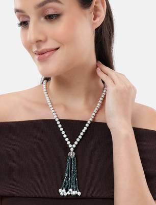 pearl & green beaded tassel necklace | handmade bead mala for women | elegant traditional-fusion design jewelry 1
