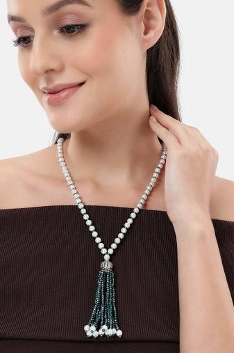 pearl & green beaded tassel necklace | handmade bead mala for women | elegant traditional-fusion design jewelry
