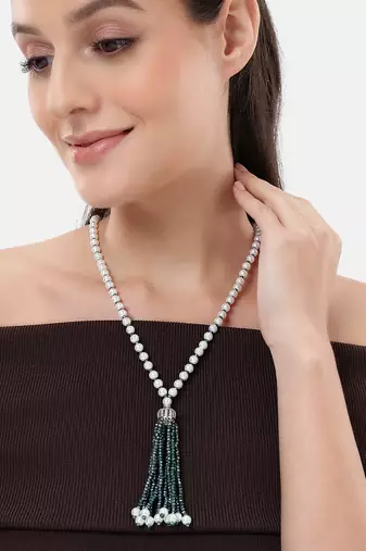 pearl & green beaded tassel necklace | handmade bead mala for women | elegant traditional-fusion design jewelry