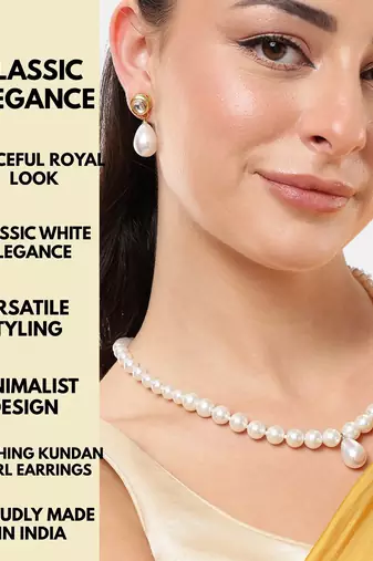 elegant pearl necklace set with kundan stud earrings wedding, festive & party wear jewelry set