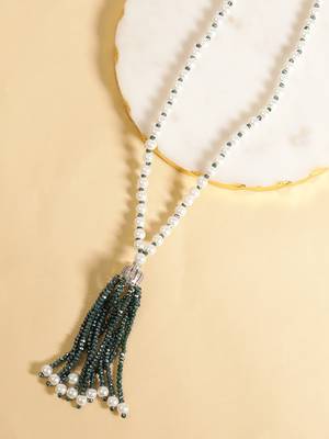 pearl & green beaded tassel necklace | handmade bead mala for women | elegant traditional-fusion design jewelry 2