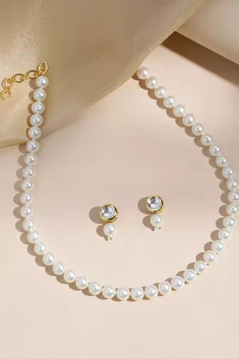 elegant pearl necklace set with kundan stud earrings wedding, festive & party wear jewelry set