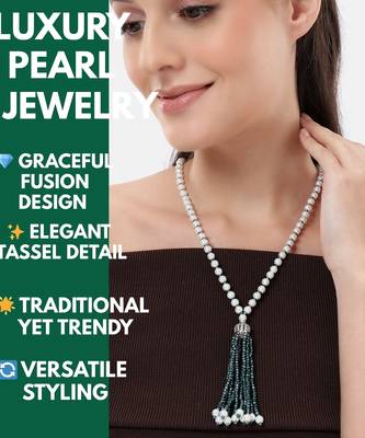 pearl & green beaded tassel necklace | handmade bead mala for women | elegant traditional-fusion design jewelry 3