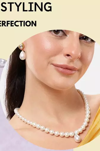 elegant pearl necklace set with kundan stud earrings wedding, festive & party wear jewelry set