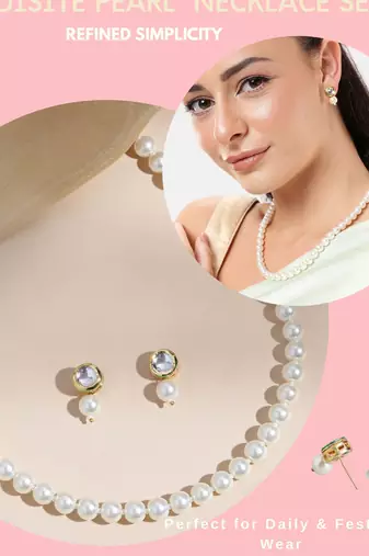 elegant pearl necklace set with kundan stud earrings wedding, festive & party wear jewelry set
