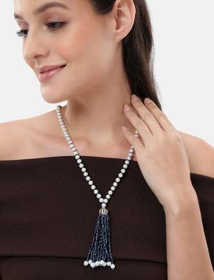 pearl & blue beaded tassel necklace | handmade bead mala for women | elegant traditional-fusion design jewelry 1