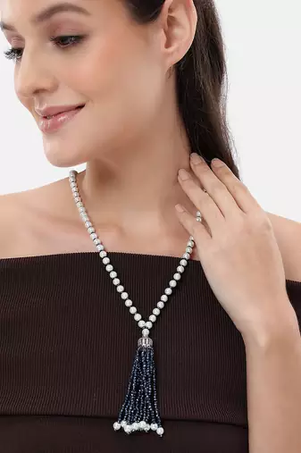 pearl & blue beaded tassel necklace | handmade bead mala for women | elegant traditional-fusion design jewelry