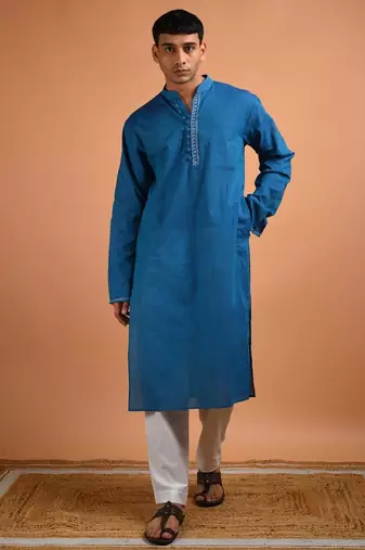 Teal blue cotton kurta
